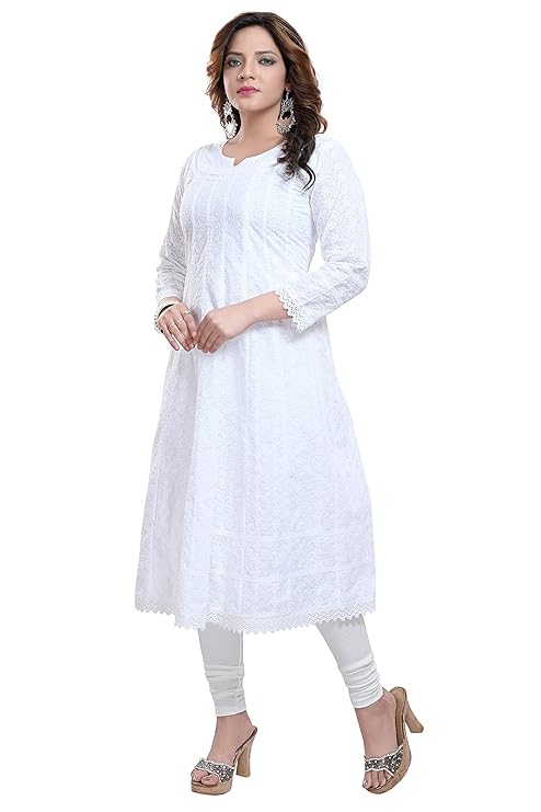 DARIKA White Chikankari Kurti for Women of Rayon Cotton in Plus Size & Small Size. - Image 3