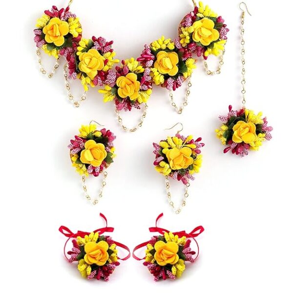 ZENEME Jewellery Flowers Jewellery Set For Haldi Gota Patti Necklace, Earrings, Bracelet & Maang Tika for Women & Girls (Mehandi/Haldi/Wedding/Bridal/Baby Shower)