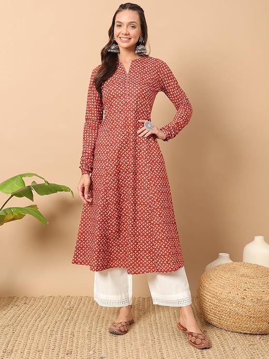 FIORRA Women's Floral Printed Navy Blue Cotton A-Line Kurta - Image 5