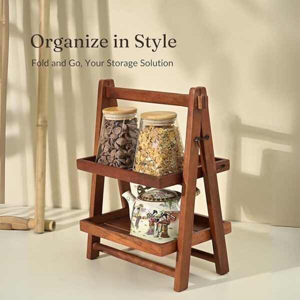 Brick Brown ® Handcrafted Premium Foldable Wooden Organizer/Double Tray | Wooden Grocery Rack - Small (Mahogany), Rectangular (16x12x8.3 inches) - Image 4