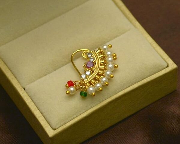 Maharashtrian Nath CZ Nose Ring Without Piercing Pearl Gold Plated Nath Clip On Nose Ring For Women (CZ NATH 6) - Image 5