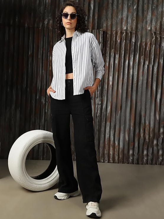 High Star Women Cotton Striped Oversized Fit Collar Full Sleeves Shirts - Image 3