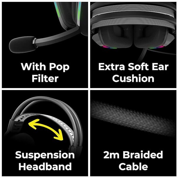 ZEBRONICS Havoc Premium Gaming Over Ear Headphone with Dolby Atmos Subscription, 50mm Neodymium Drivers, Extra Soft Ear Cushion, Suspension Headband,Braided Cable (Black) - Image 5