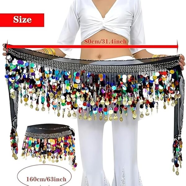 FASHIONSLIQUE® Premium Belly Dance Belt/Hip Scarf with Multicolor Coins and Sequins, Women's Chiffon Hip Scarf Waistband Belt Perfect for dance Festival Performances ! - Image 5
