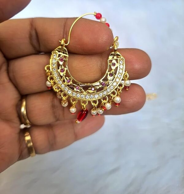 Mahalakshmi Gold Plated Traditional Medium Size Nose Ring/Nath | Nathiya with Pearls & Chain Design for Women and Girls Pack of 1 - Image 4
