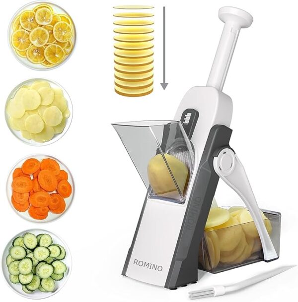 ROMINO Mandoline Slicer Cutter Chopper and Grater for Vegetables, Multifunctional Salad Cutter for Kitchen, Hand Press Push Chopper with 30 Different Cuts, Hand Safe - Stainless Steel Blade (A1)