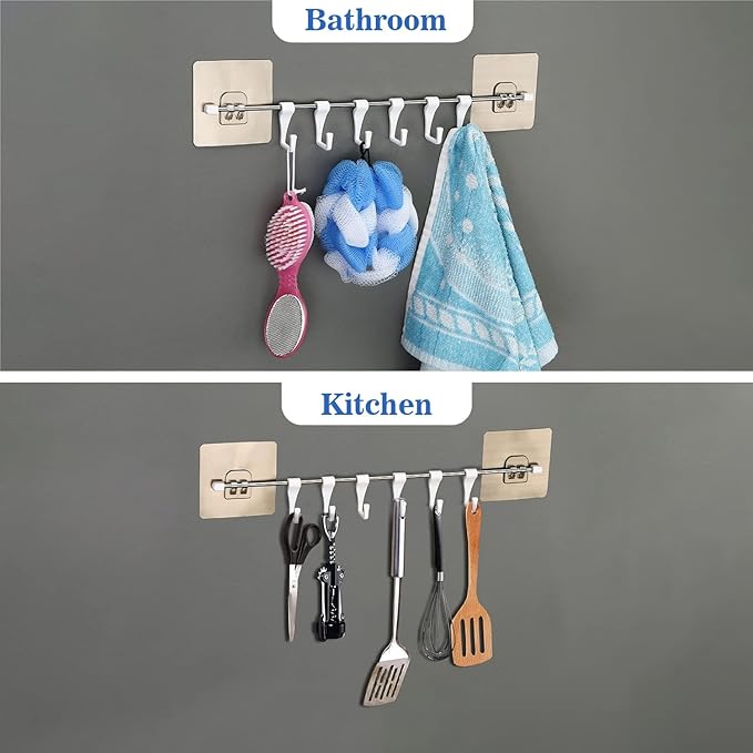 GOLWYN Premium Self Adhesive Kitchen Accessories Items Organizer Rack Stand, Wall Hanging Hooks Strong Without Drilling/Bathroom Door Cloth Hanger (9 Hooks), Stainless Steel - Image 5