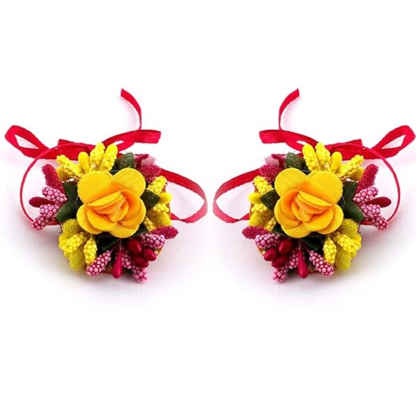 ZENEME Jewellery Flowers Jewellery Set For Haldi Gota Patti Necklace, Earrings, Bracelet & Maang Tika for Women & Girls (Mehandi/Haldi/Wedding/Bridal/Baby Shower) - Image 5