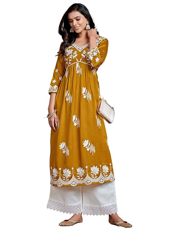 EthnicJunction Women'S Silk Blend Chikankari Embroidered Naira Cut Kurta