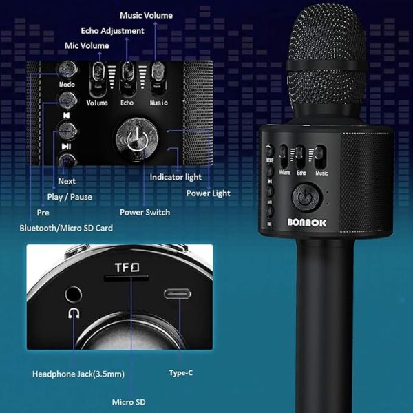 BONAOK Wireless Bluetooth Karaoke Microphone,3-in-1 Handheld Portable Black Speaker Machine for Android/iPhone/iPad/Sony/PC or All Smartphone - Image 4