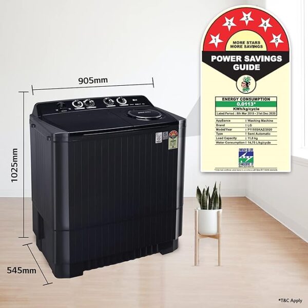 LG 11 Kg 5 Star Wind Jet Dry Rat Away Technology Semi-Automatic Top Loading Washing Machine (P1155SKAZ, Roller Jet Pulsator, Punch + 3, Middle Black) - Image 5