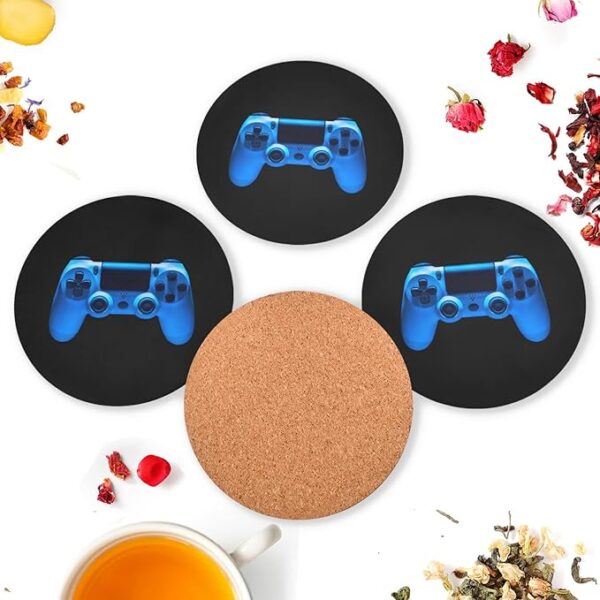 Video Game Joystick Gamepad in Blue Neon Lights Isolated on Black 4 Pcs Tea Wooden Round Coaster Set, Non-Slip Lightweight Wooden Coaster for Party Home Office Kitchen Bar Coffee Table - Image 2