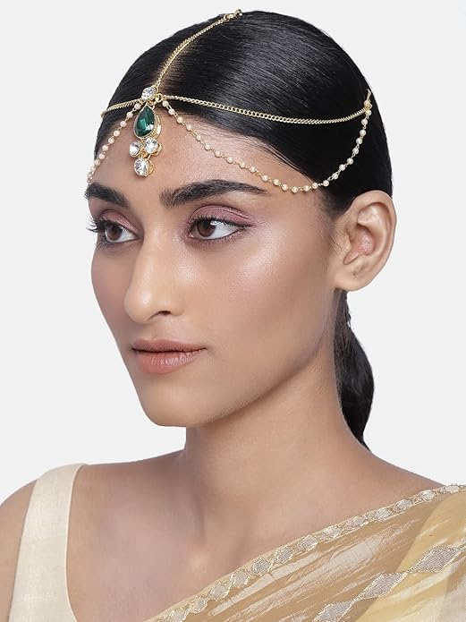 I Jewels 18K Gold Plated Traditional Pearl Layer with Stone Studded Mathapatti for Women (T1083) - Image 2