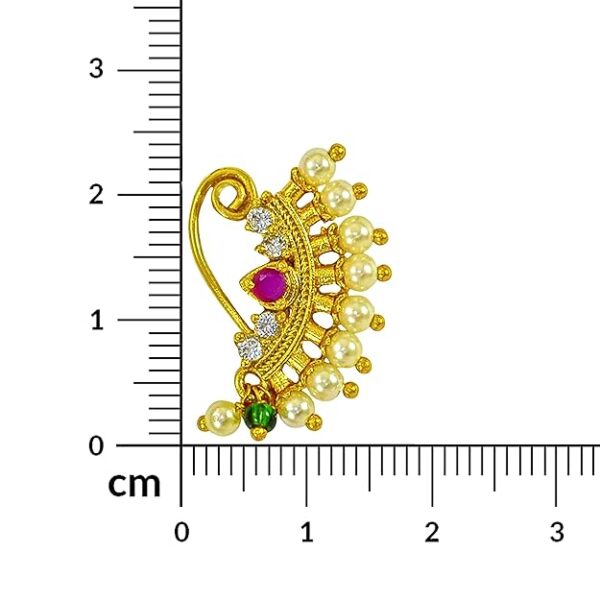 Maharashtrian Nath CZ Nose Ring Without Piercing Pearl Gold Plated Nath Clip On Nose Ring For Women (CZ NATH 6) - Image 3