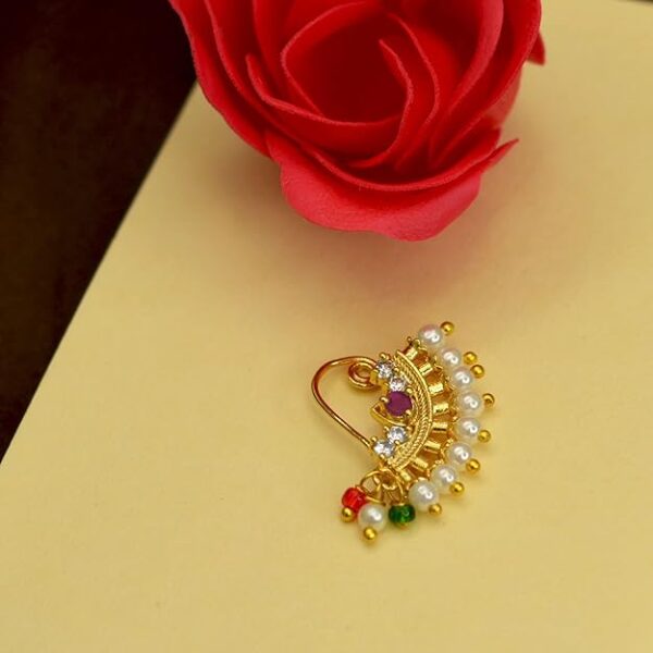 Maharashtrian Nath CZ Nose Ring Without Piercing Pearl Gold Plated Nath Clip On Nose Ring For Women (CZ NATH 6) - Image 2