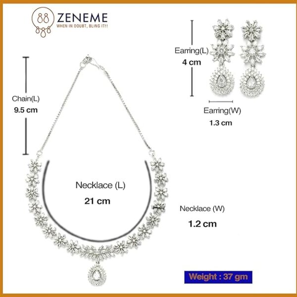 ZENEME Rhodium-Plated with Silver-Toned Floral Design White American Diamond Studded Jewellery Set - Image 6