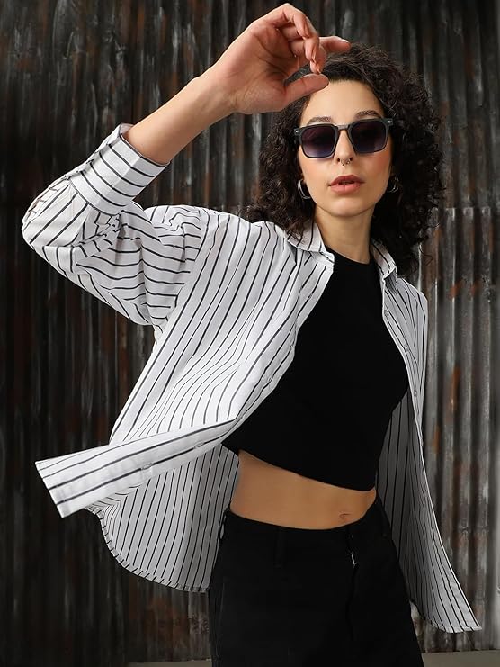 High Star Women Cotton Striped Oversized Fit Collar Full Sleeves Shirts - Image 2