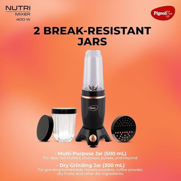 Pigeon By Stovekraft Nutri Mixer | Grinder Juicer Blender Smoothie Maker All-in-1 Machine | 400 Watt | 2 Jars - Multiuse Jar 500ml, Dry Grind 300ml | 1 Blade | 1 Year Warranty - Image 5