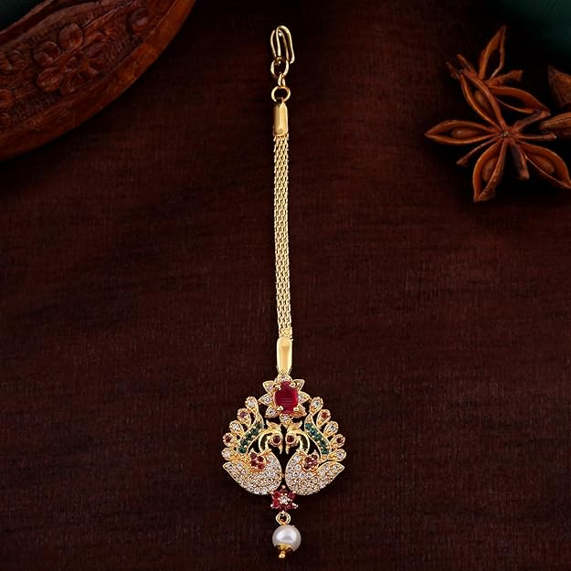 Estele CZ Entwined Peacock Designer Maang Tikka with Pearls for Girls & Women's - Image 2