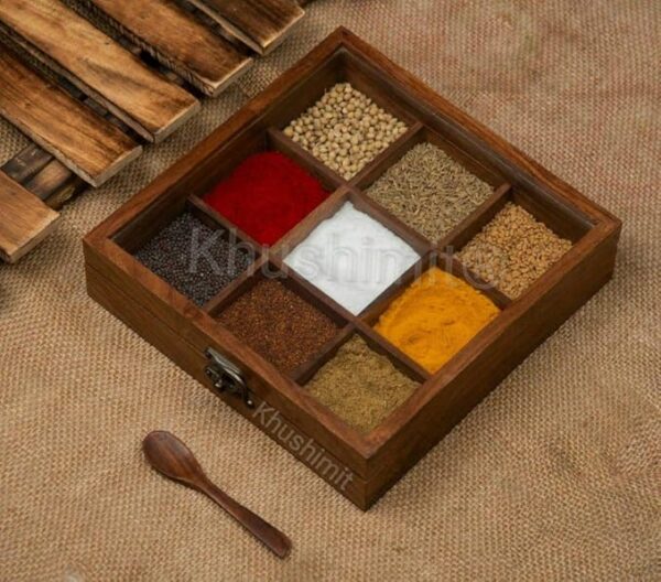 Khushimit® Pure Sheesham Wooden Masala Dabba Spice Box with Glass Lid | Multipurpose Storage Box for Kitchen with 1Spoon | Antique Look | Explore Your Kitchen with Nature | Model No. - KM9P01 - Image 2