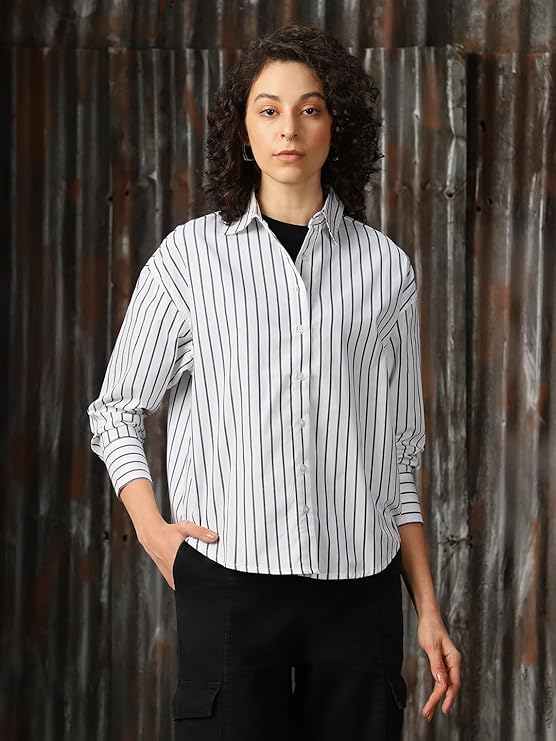 High Star Women Cotton Striped Oversized Fit Collar Full Sleeves Shirts - Image 4