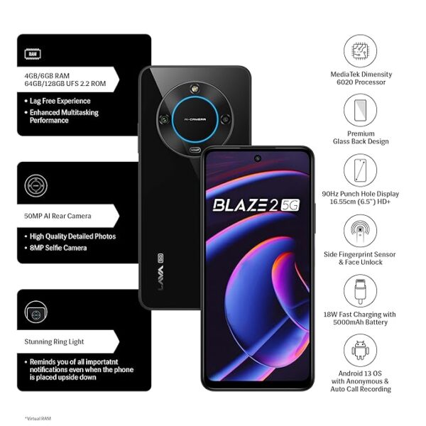 Lava Blaze 2 5G (Glass Black, 6GB RAM, 128GB Storage)| Stunning Ring Light| 50 MP AI Camera |5000 mAh Battery| Upto 12 GB Expandable RAM - Image 6