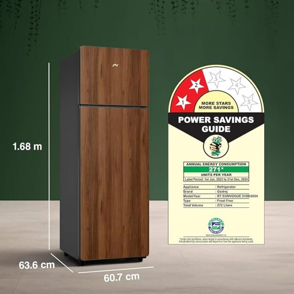 Godrej 272 L 2 Star Wood Finish, 30 Days Farm Freshness, Frost Free Inverter Double Door Refrigerator (RT EONVOGUE 310B RI WT WD, Walnut Wood) - Image 6