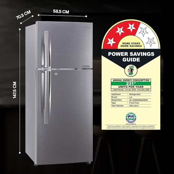 LG 240 L 3 Star Frost-Free Smart Inverter Double Door Refrigerator (GL-S292RDSX, Dazzle Steel, Convertible & Multi Air Flow Cooling) - Image 6