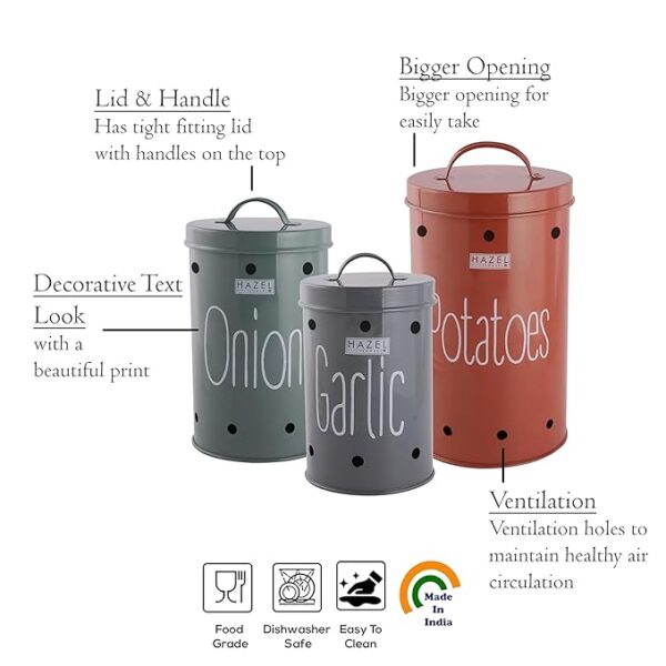 HAZEL Galvanized Metal Onion, Potato, Garlic Storage Container Set for Kitchen|Food Grade Storage with Lid, Set of 3 for Organizing Your Kitchen and Festive Cooking Essentials, Multicolor - Image 3