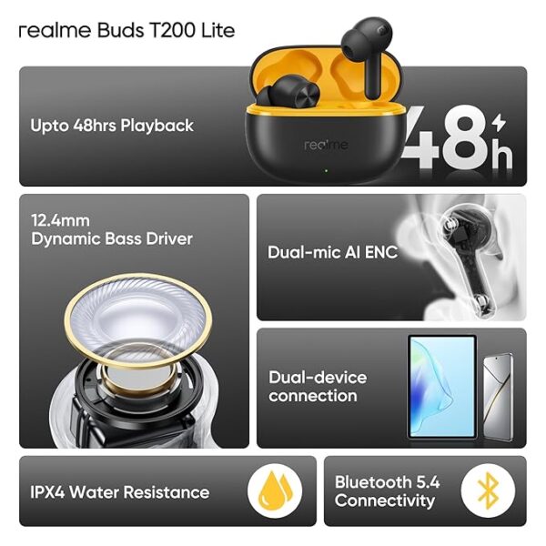 realme Buds T200 Lite Bluetooth in Ear Earbuds,4 Mic, AI ENC for Calls,48 Hours Total Playback with Fast Charging and Low Latency Gaming TWS,Google Fast Pair, with mic (Volt Black) - Image 5