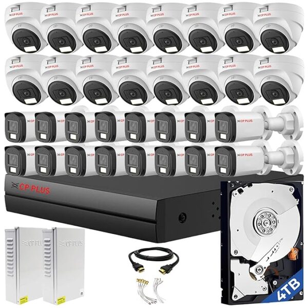 CP PLUS 32 channel DVR with 2MP 16x OUTDOOR & 16x INDOOR, Built-in Audio Mic, Dual Light Color Night Vision wired CCTV Cameras, Motion Detection, 2x 16 Ch SMPS, 4TB HDD, Required BNC/DC, Without Cable