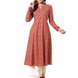 FIORRA Women's Floral Printed Navy Blue Cotton A-Line Kurta