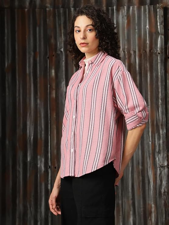 High Star Women Cotton Strip Oversized Fit Collar Full Sleeves Casual Shirts - Image 5