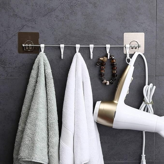 GOLWYN Premium Self Adhesive Kitchen Accessories Items Organizer Rack Stand, Wall Hanging Hooks Strong Without Drilling/Bathroom Door Cloth Hanger (9 Hooks), Stainless Steel - Image 4