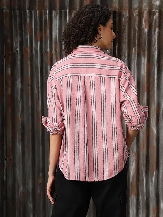 High Star Women Cotton Strip Oversized Fit Collar Full Sleeves Casual Shirts - Image 6