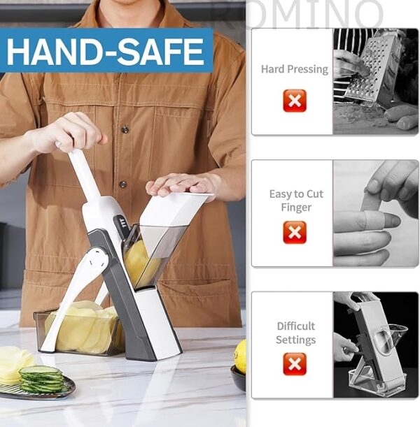 ROMINO Mandoline Slicer Cutter Chopper and Grater for Vegetables, Multifunctional Salad Cutter for Kitchen, Hand Press Push Chopper with 30 Different Cuts, Hand Safe - Stainless Steel Blade (A1) - Image 2