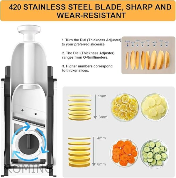 ROMINO Mandoline Slicer Cutter Chopper and Grater for Vegetables, Multifunctional Salad Cutter for Kitchen, Hand Press Push Chopper with 30 Different Cuts, Hand Safe - Stainless Steel Blade (A1) - Image 5