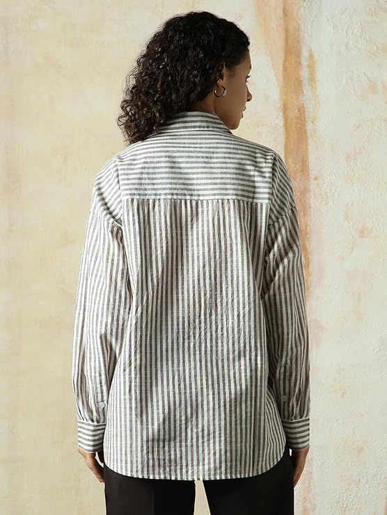 High Star Women Striped Longline Length Oversized Spread Collar Spread Collar Long Sleeve Shirt - Image 4