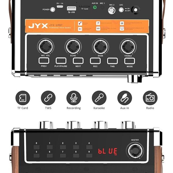 JYX Best Portable Karaoke Speakers with 2 UHF Wireless Microphones System, Bass/Treble Bluetooth Outdoor Sound Box with LED Light, Support TWS, AUX in, FM, REC, Supply for Party/Adults/Kids - Image 2