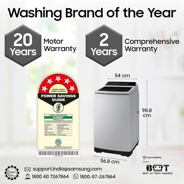 Samsung 7 kg, Eco Bubble Techn, Digital Inverter Motor, Soft Closing Door, Fully-Automatic Top Load Washing Machine (WA70BG4441YYTL, Lavender Gray) - Image 4