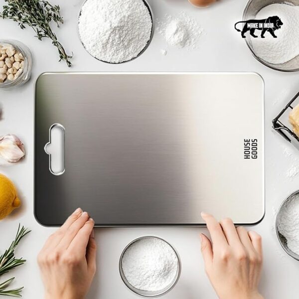 HOUSEGOODS Premium 304 Steel Chopping Board for Kitchen, Made by Tata Stainless Steel, Rust-Free Cutting Board, Non-Slip, Anti-Bacterial, Chef Approved, Ideal for Vegetables, Fruits, Meat 35cm x 25cm