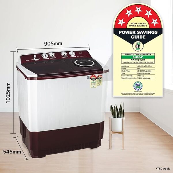 LG 10.5 kg 5 Star Wind jet dry Semi-Automatic Top Load Washing Machine (P105ASRAZ, Burgundy, Roller Jet Pulsator) - Image 5
