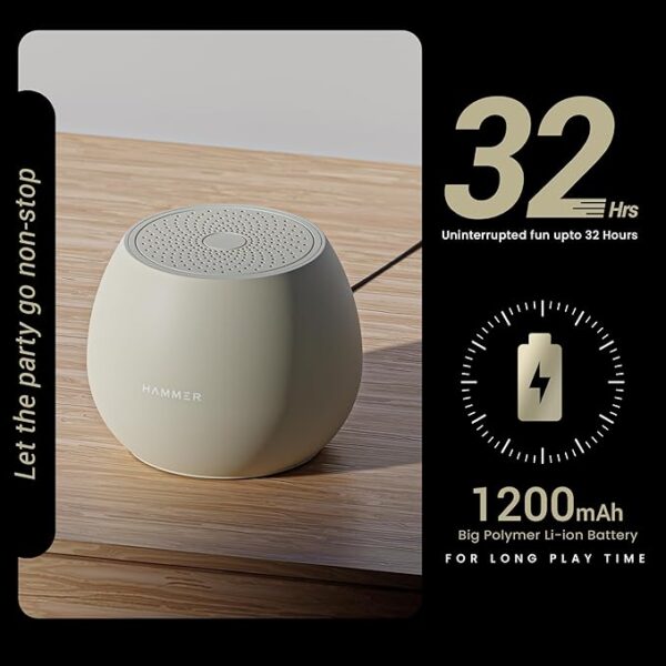 HAMMER Drop 5W Bluetooth Wireless Speaker with Twin Pairing, 1200 mAh Battery, 100H Standby Time, TWS Function, TF Card, USB Slot, Auto-Pairing, in-Built Mic, Type-C Charging, 52mm Driver (Beige) - Image 3