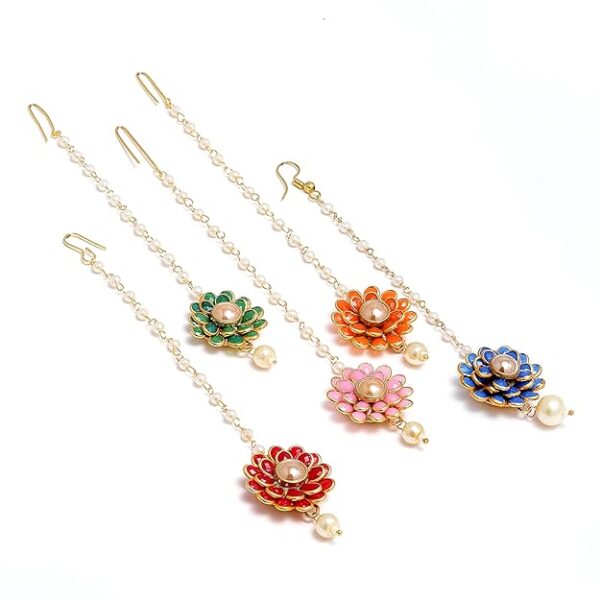 ZENEME Gold-Plated Pink-Green-Orange-Red-Blue AD with Pearls studded Flower Shaped MaangTikka (Combo Of 5)