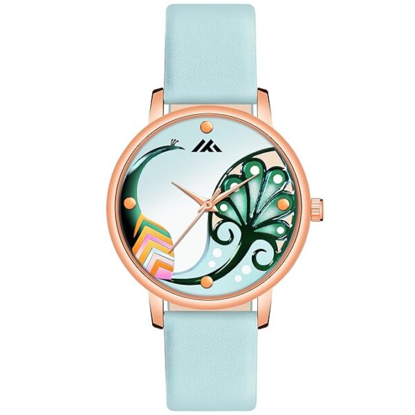Loretta LT-601 Brown Leather Belt Multicolor Peacock Printed Slim Dial Women Analog Watch for Girls