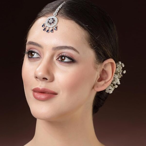 Zeneme Elegant Silver Plated Beautiful American Diamond & CZ Studded Crystal Maang Tikka for Women and Girls - Image 2
