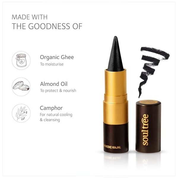 SoulTree Ayurvedic Kajal | Pure Black 011 | Black Shade | Enriched with 100% Organic Ghee, Almond Oil & Camphor | Soothe, Cool & Nourish Eyes | Soothes, Cools, and Nourishes Eyes with Gentle Care 3gm - Image 3