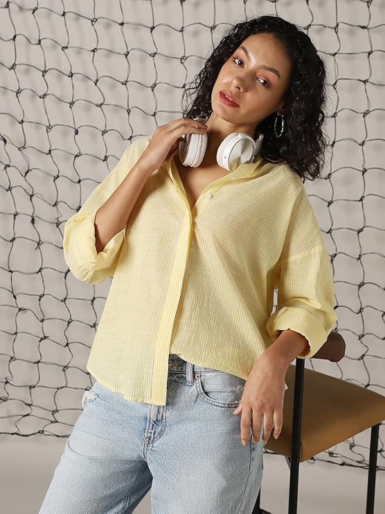 Hubberholme Women Striped Longline Length Oversized Spread Collar Spread Collar Long Sleeve Shirt - Image 2