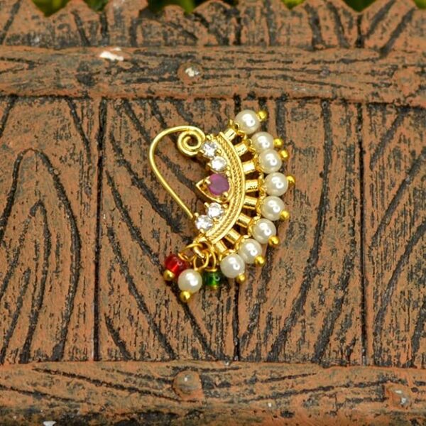 Maharashtrian Nath CZ Nose Ring Without Piercing Pearl Gold Plated Nath Clip On Nose Ring For Women (CZ NATH 6) - Image 4