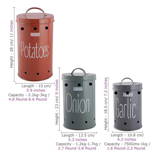 HAZEL Galvanized Metal Onion, Potato, Garlic Storage Container Set for Kitchen|Food Grade Storage with Lid, Set of 3 for Organizing Your Kitchen and Festive Cooking Essentials, Multicolor - Image 4